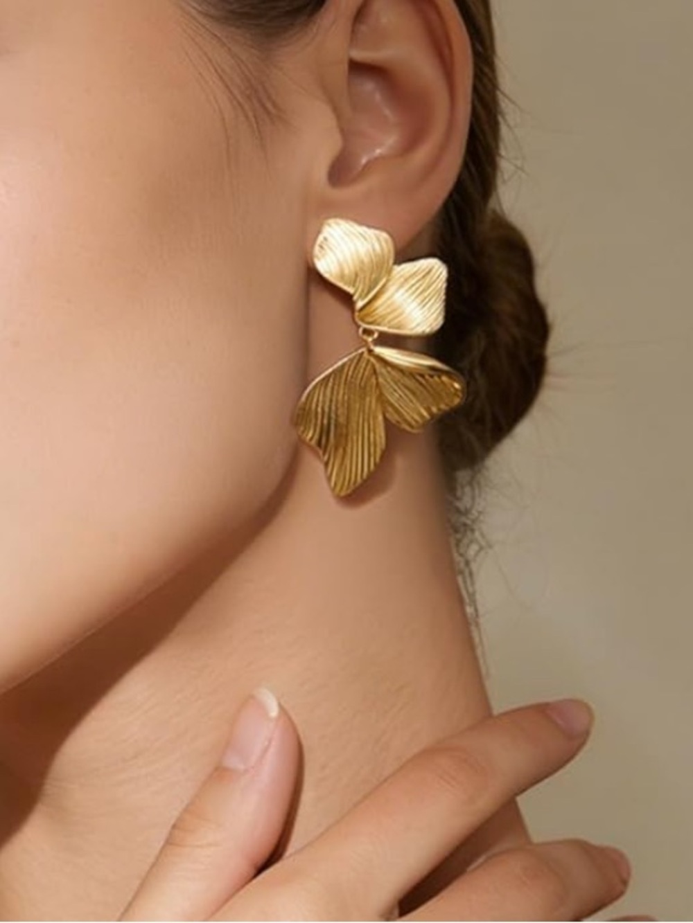Gold Floral Petal Drop Earrings - Women Jewelry - Picture 5 of 5